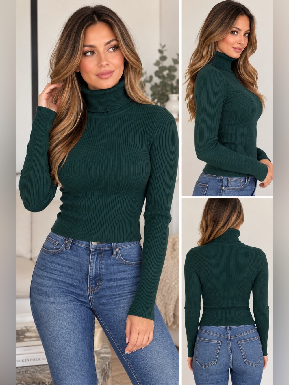 Urban Heritage Women’s Green Ribbed Turtleneck Long Sleeve Fitted Sweater Small